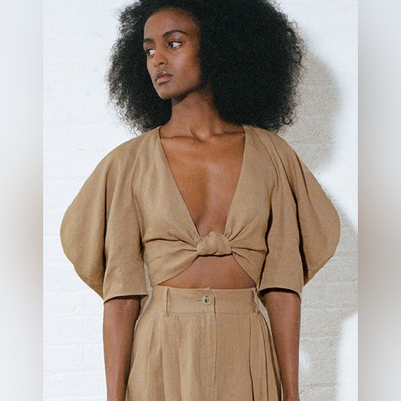 Mara Hoffman Raya Hemp Tie Front Crop Blouse Light Brown Tan Size 10, NWOT - Picture 3 of 4